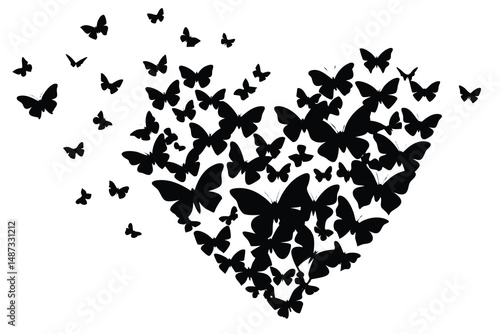 A heart shape forms as black butterflies flutter and take flight on white