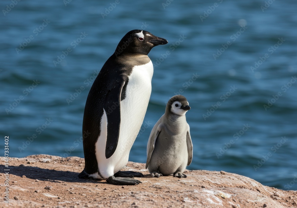 Fototapeta premium Adult penguin standing next to a fluffy chick on a rocky coast with the ocean in the background