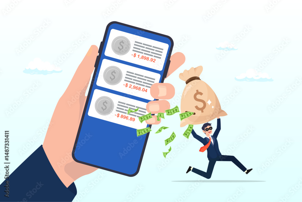 Scammer thief steal money from mobile banking app, call center fraud or scam stealing money from mobile banking application, fake phone call or financial crime, phishing or financial threat concept Scammer thief steal money from mobile banking app, call center fraud or scam stealing money from mobile banking application, fake phone call or financial crime, phishing or financial threat concept