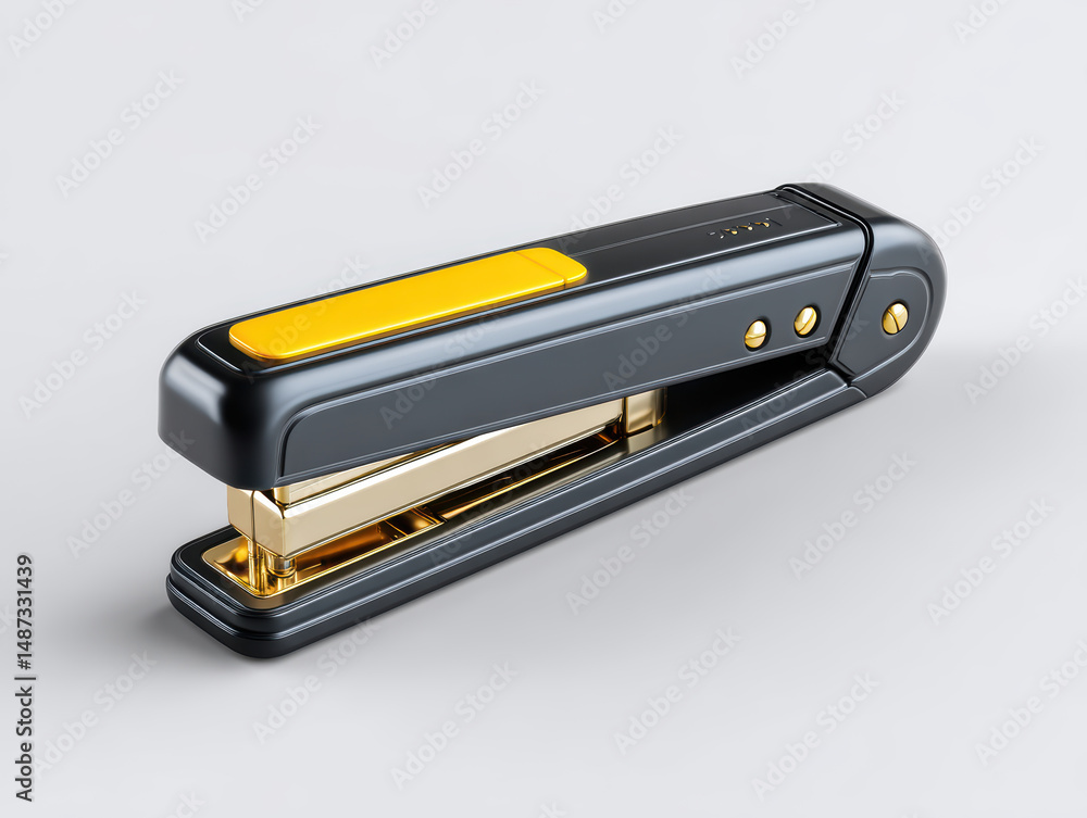 Modern stapler with sleek black and gold design, featuring yellow button on top, placed on light gray surface, showcasing stylish office tool with luxurious appearance Modern stapler with sleek black and gold design, featuring yellow button on top, placed on light gray surface, showcasing stylish office tool with luxurious appearance