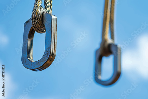 Close-up of strong steel cable loops and hooks against a bright blue sky with clouds. Industrial rigging and lifting equipment showing strength, durability, and precision engineering for heavy-duty us