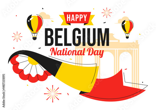 Happy Belgium Independence Day Vector Illustration on July 21, Featuring the National Celebration with a Waving Belgian Flag and Festive Ribbon