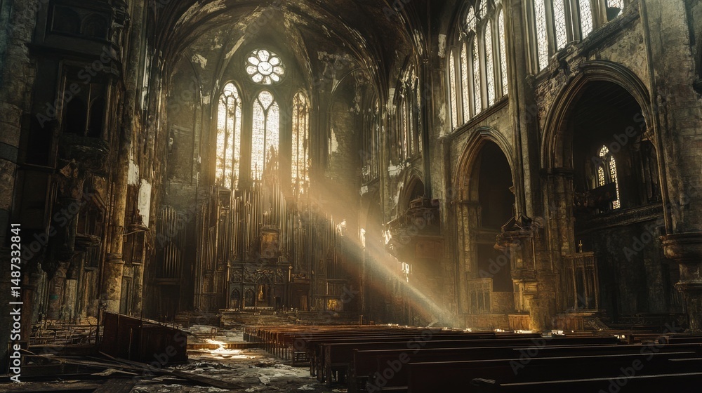 Fototapeta premium Interior view of a large gothic church with sunlight streaming through windows.