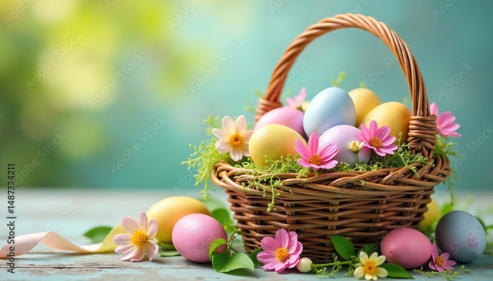 Naklejka premium A colorful Easter egg basket overflowing with decorated eggs, spring flowers, and pastel ribbons , basket, holiday eggs