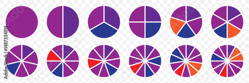 Pie chart set. Colorful diagram collection with 2,3,4,5,6 sections or steps. Circle icons for infographic, UI, web design, business presentation. Vector illustration. EPS 10.