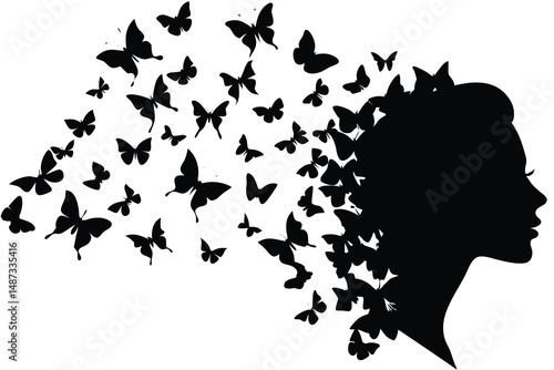 Black butterfly swarm emerges from the stylish hair silhouette of an elegant woman