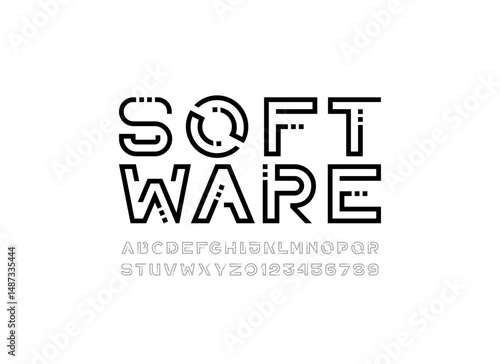 Technology font, digital cyber alphabet, black letters A, B, C, D, E, F, G, H, I, J, K, L, M, N, O, P, Q, R, S, T, U, V, W, X, Y, Z, numerals 0, 1, 2, 3, 4, 5, 6, 7, 8, 9 with square