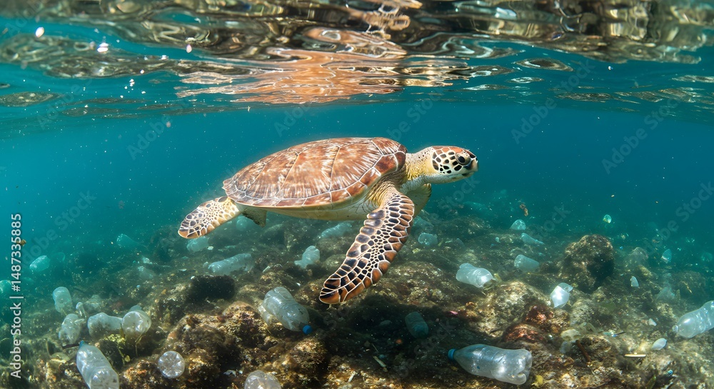 Fototapeta premium Sea Turtle Navigating a Sea of Plastic: A Powerful Image of Ocean Pollution
