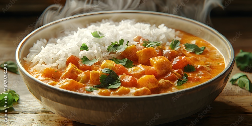A savory curry dish with rice and vegetables. A savory curry dish with rice and vegetables.