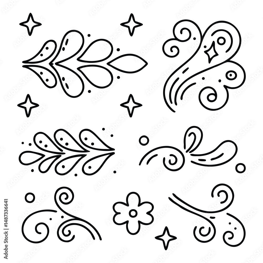 Fototapeta premium Floral Swirl Ornaments and Flourishes in Doodle Form