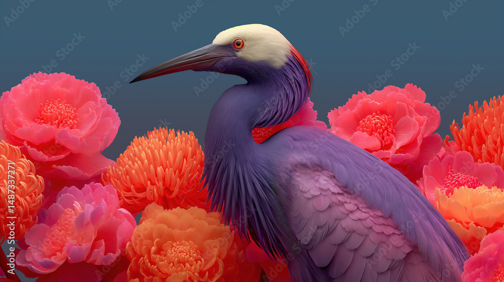 Fototapeta premium Fictional purple bird standing among pink, red and orange colored flowers on a dark teal background. 