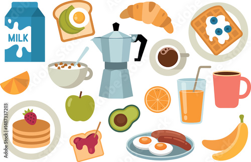 Breakfast food, morning mea,l healthy eatin,g fresh organic icons set