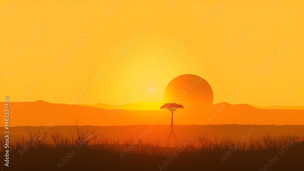 Obraz premium Sunrise in African Savanna with Tree Silhouette