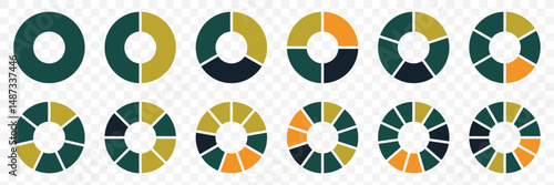 Pie chart set Circle pie chart diagram. Circle icons for infographic. Colorful diagram collection with 2,3,4,5,6,7,8,9,10,11,12 sections or steps. Flat process cycle. Progress sectors.