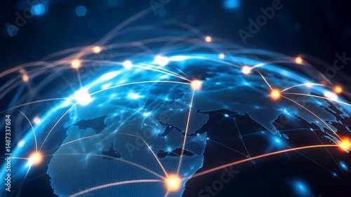 A stylized globe, possibly representing the Earth, overlaid with a network of glowing orange lines and dots, symbolizing a global network or internet connections.