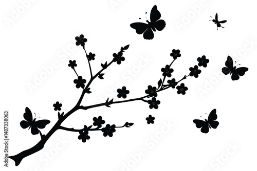 Black silhouetted butterflies flutter around a flowering branch, creating a simple, beautiful nature scene