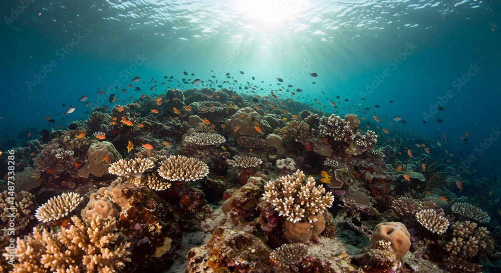 Obraz premium Vibrant Coral Reef Ecosystem: Underwater Paradise with Sunbeams and Diverse Marine Life