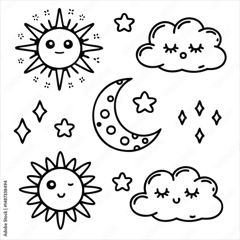 Happy Sun and Moon Characters with Clouds and Sparkles Happy Sun and Moon Characters with Clouds and Sparkles