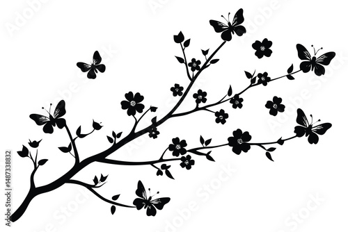 Butterfly rests upon black blooming branch with a single butterfly floating nearby creating symmetry