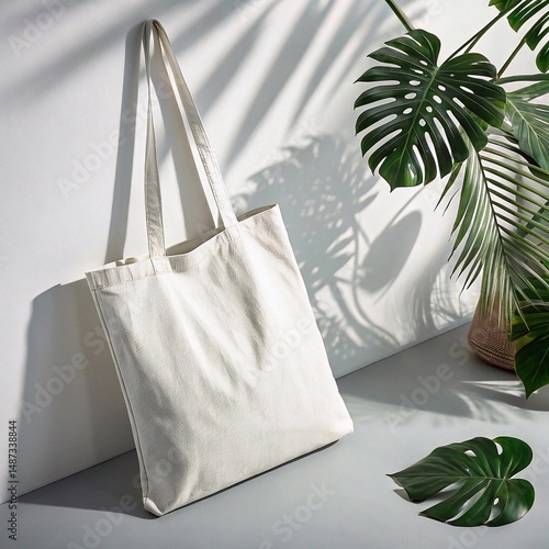 Mockup of an eco tote bag against a warm-toned background with soft lighting and a minimalist composition, perfect for showcasing prints or logos
