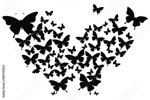 Butterfly silhouettes are clustered tightly together, creating a striking contrast against a white canvas