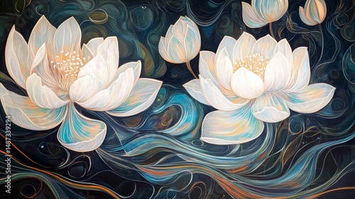 White lotus flowers with blue and brown accents against a dark background.