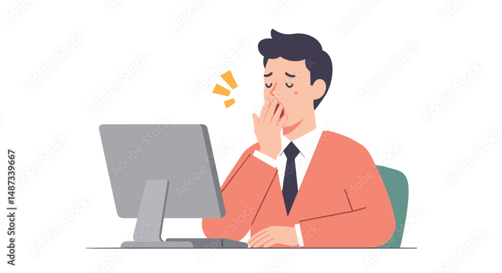 Tired man yawning while sitting at a computer in a modern office Tired man yawning while sitting at a computer in a modern office