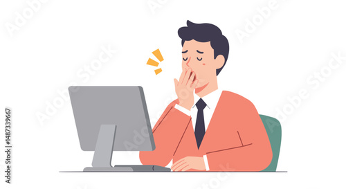 Tired man yawning while sitting at a computer in a modern office  
