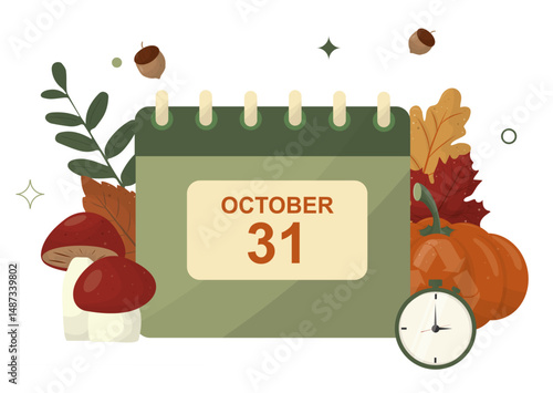 October 31 Halloween Calendar with Autumn Elements. calendar showing October 31st surrounded by seasonal decorations. Halloween calendar concept. Countdown for halloween party. Vector illustration