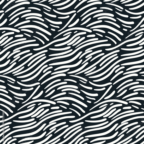 Seamless abstract pattern, animalistic zebra print with hand drawn stripes. Simple surface design in ethnic motif, random drawing of lines. Black and white freehand pattern. Vector illustration.