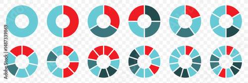 Pie chart set Circle pie chart diagram. Circle icons for infographic. Colorful diagram collection with 2,3,4,5,6,7,8,9,10,11,12 sections or steps. Flat process cycle. Progress sectors.