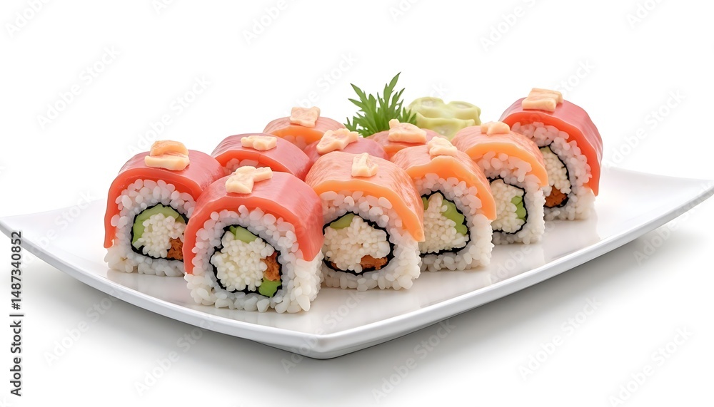 Serving Sushi Rolls on Plate with Garnish, Isolated Serving Sushi Rolls on Plate with Garnish, Isolated