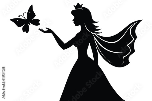 Elegant queen silhouette with wings reaches out to touch a flying butterfly