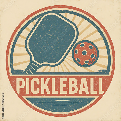 Vintage Style Pickleball Logo with Paddle and Ball Icon, Retro Colors and Distressed Texture