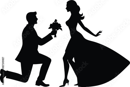 Elegant man proposes with flowers to sophisticated woman in a beautiful dress silhouette