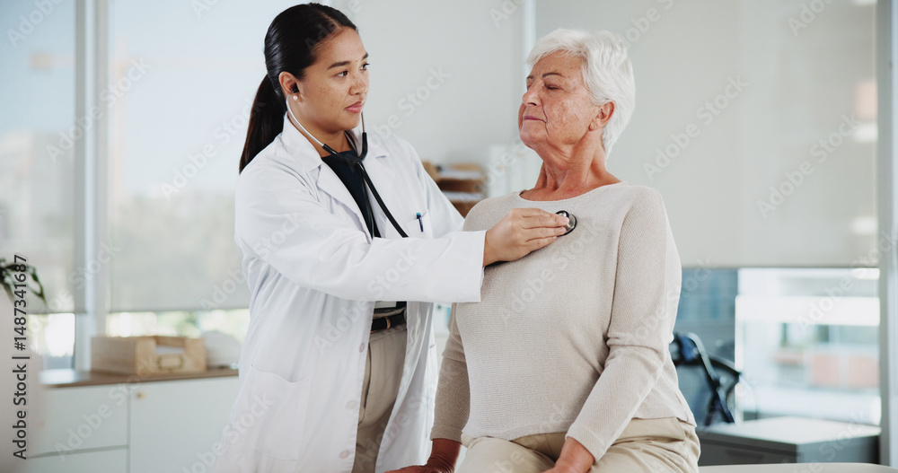 Fototapeta premium Senior woman, doctor and stethoscope at clinic, listening and cardiology with medical services. People, elderly patient and tools with healthcare, breathing test and lungs with assessment at hospital