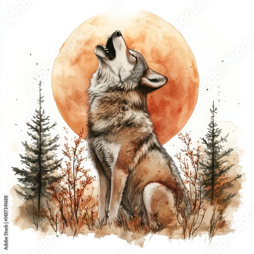 Howling Wolf Under a Blood Moon Watercolor Wildlife Art
