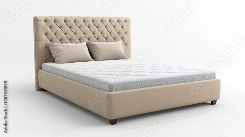 Modern upholstered bed with beige tones and stylish headboard
