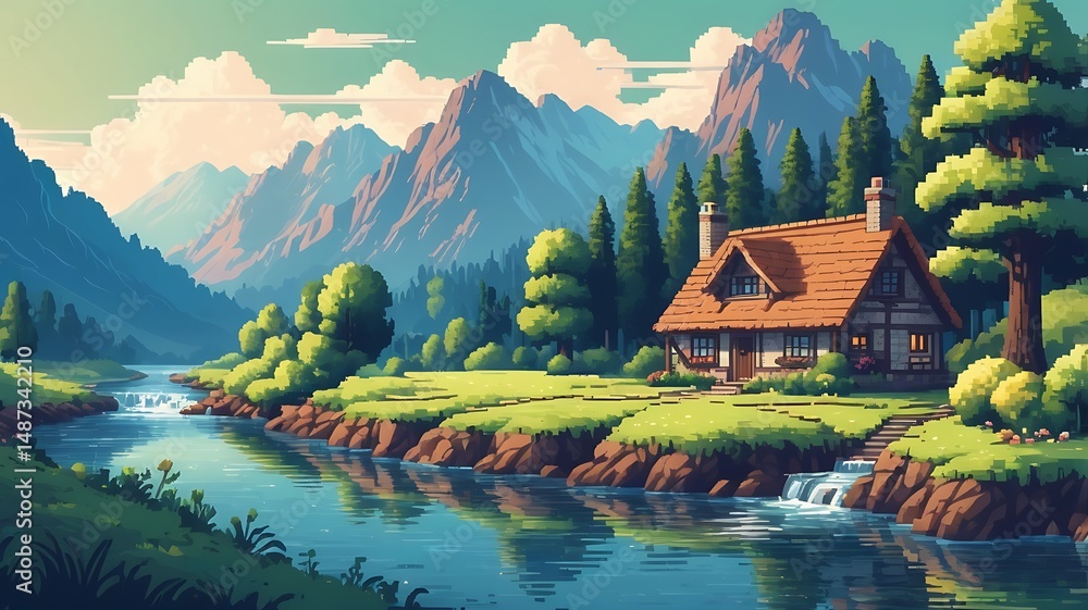 Fototapeta premium 8-bit style pixel art cottage with a river and mountains in the background