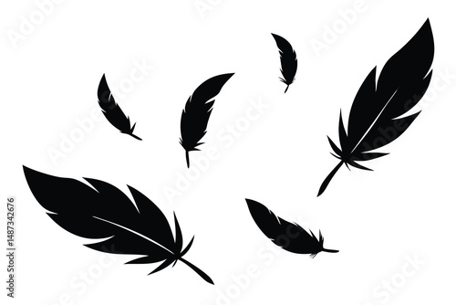 Floating black feather shapes elegantly scatter across the pure white background, creating a minimalist aesthetic