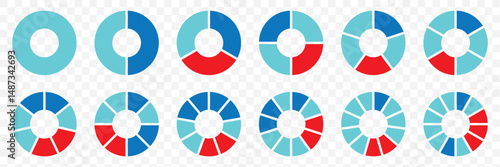 Pie chart set, segmented circle icons, circle diagram. Pie chart divided 1,2,3,4,5,6 equal parts. Color pizza or donut round diagram. Infographic wheel segment or sections parts on Transparent. EPS 10