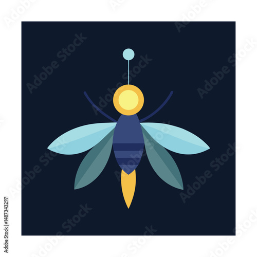 Vector illustration of a stylized firefly with a simplified design on a dark blue background.