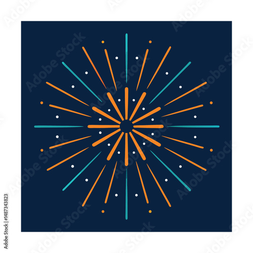 Festive fireworks design with vibrant orange and teal colors on a navy blue background