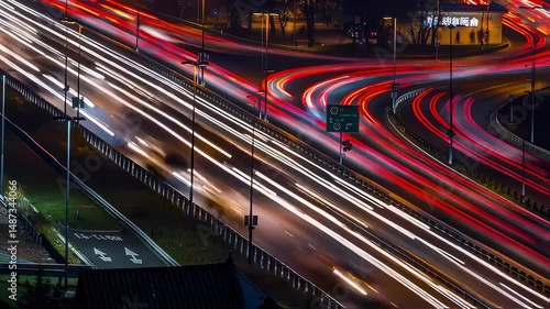 Aerial Timelapse of Night Traffic Flow, Light Trails on Highway Overpass
