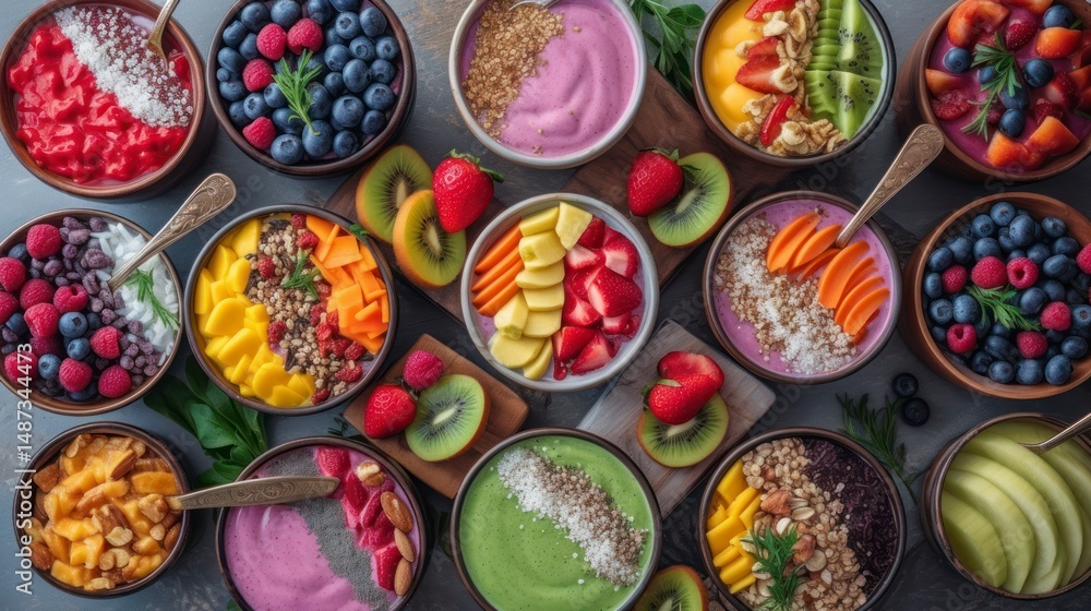 Fototapeta premium Colorful array of healthy fruit and yogurt parfaits.