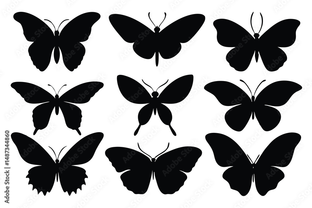 Isolated butterflies spread across white background present a monochromatic silhouette and striking contrast throughout Isolated butterflies spread across white background present a monochromatic silhouette and striking contrast throughout
