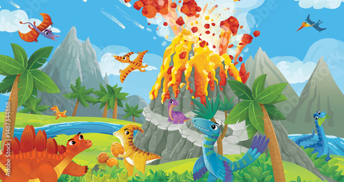 cartoon dinosaur land scene with animal dino in the jungle illustration for the children