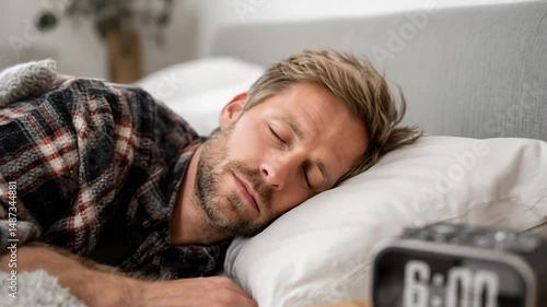 Peaceful man sleeping with alarm clock at 6:00 AM