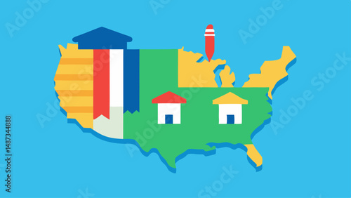 USA School Map with Books, Pencils, and Learning Icons  