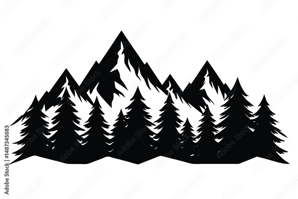 Fototapeta premium Majestic mountain peaks rise beyond dense pine trees in a stark black silhouette against a white backdrop